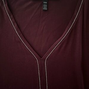 WHBM Burgundy V-Neck Top with Beaded Trim